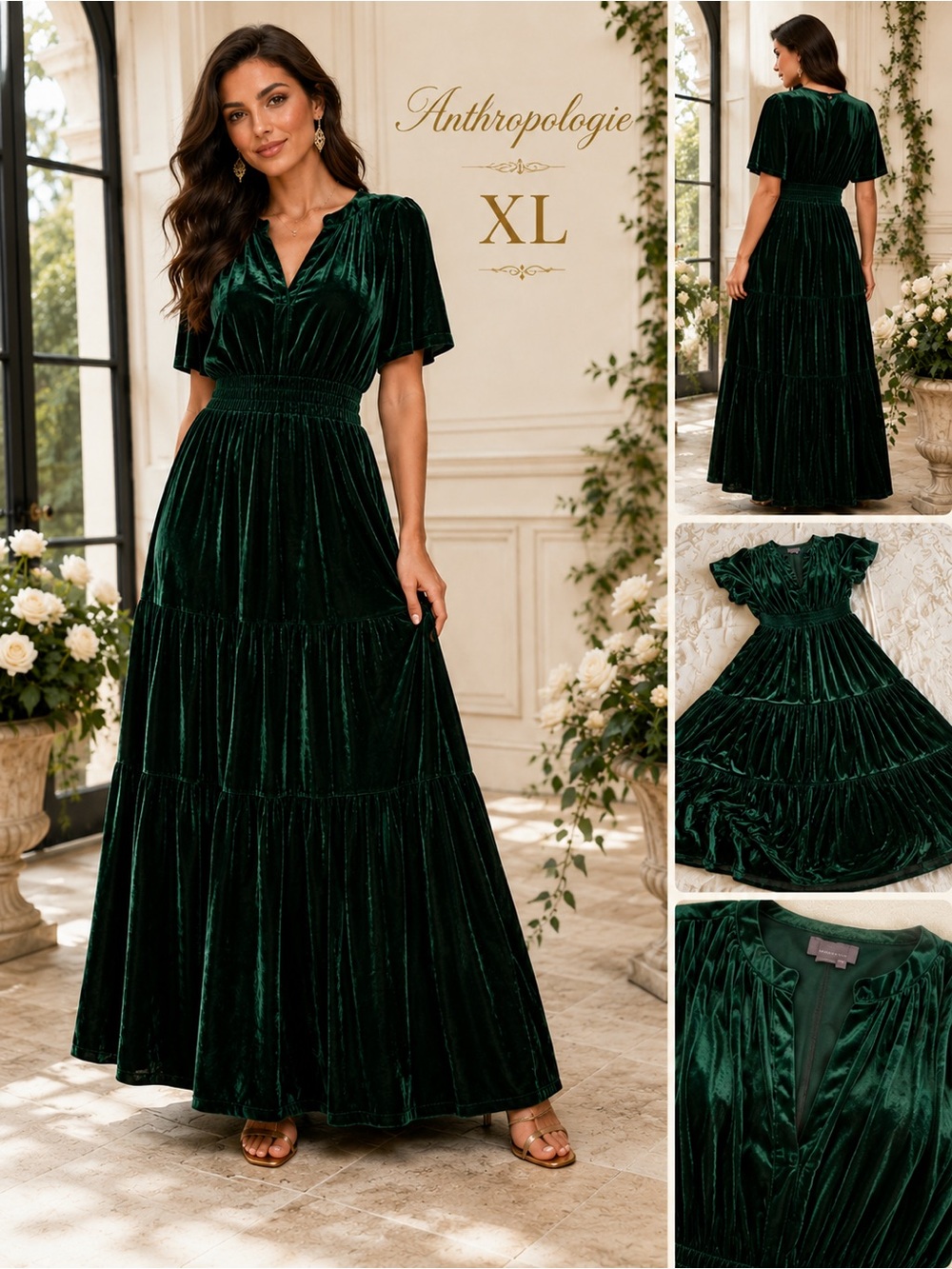 Anthropologie XL Emerald Green Velvet Tiered Maxi Dress Boho Luxe - Picture 2 of 16